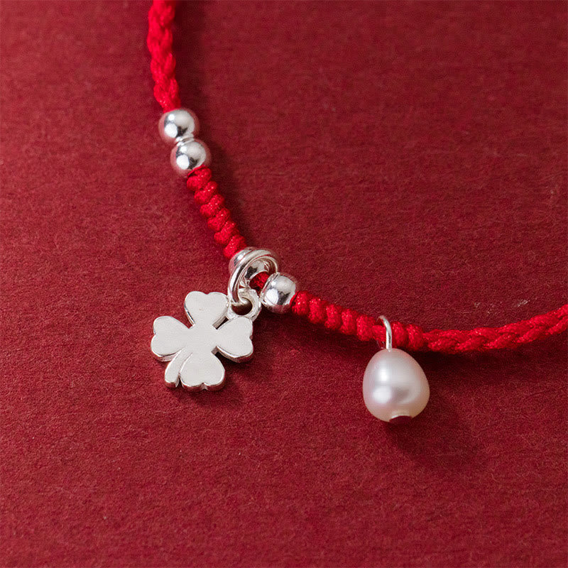 Buddha Stones Retro 925 Sterling Silber Vierblättriges Kleeblatt Perle Glück Rote Schnur Armband - image 4