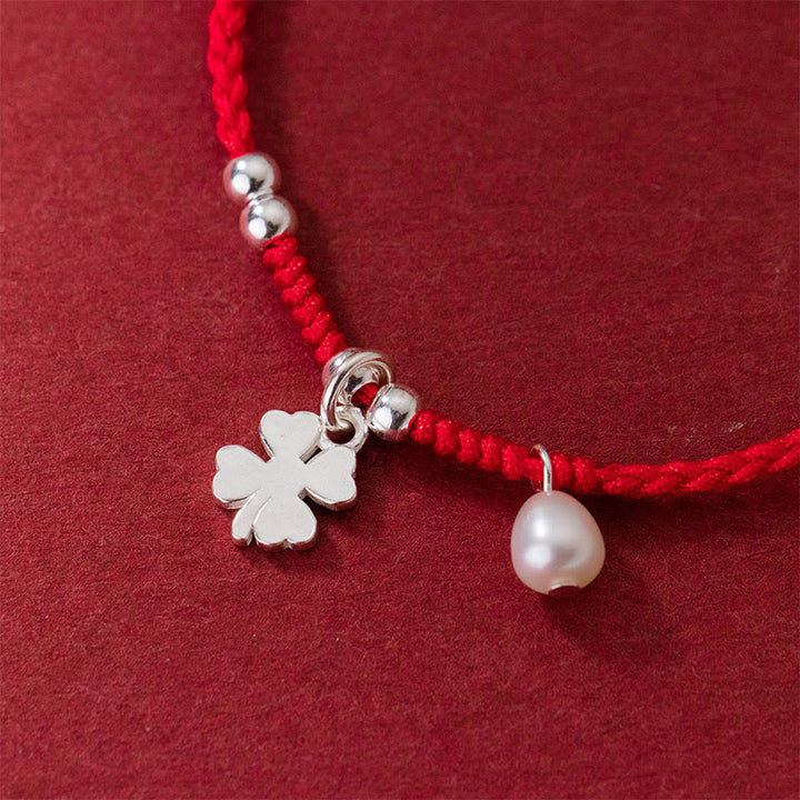 Buddha Stones Retro 925 Sterling Silber Vierblättriges Kleeblatt Perle Glück Rote Schnur Armband - image 4