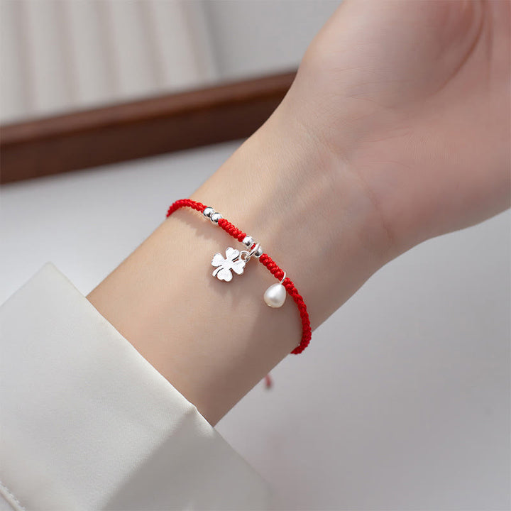 Buddha Stones Retro 925 Sterling Silber Vierblättriges Kleeblatt Perle Glück Rote Schnur Armband - image 10