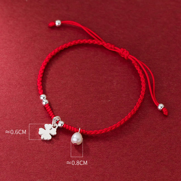 Buddha Stones Retro 925 Sterling Silber Vierblättriges Kleeblatt Perle Glück Rote Schnur Armband - image 9