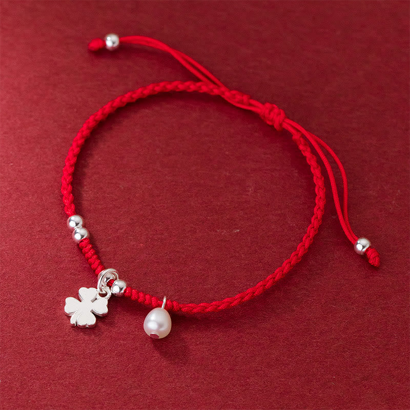 Buddha Stones Retro 925 Sterling Silber Vierblättriges Kleeblatt Perle Glück Rote Schnur Armband - image 2