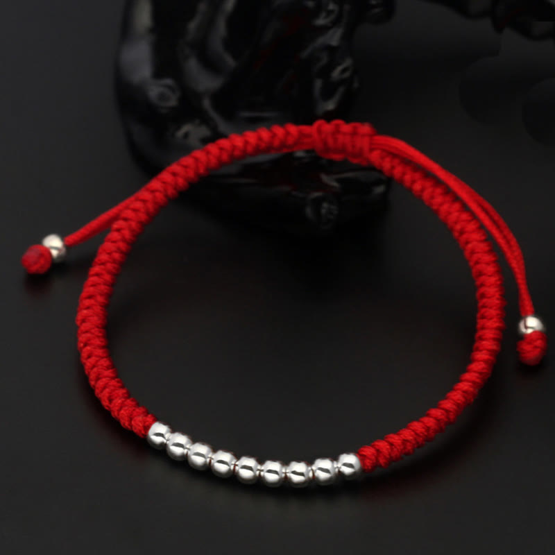 Buddha Stones Retro 925 Sterling Silber Einfache Perlen Knoten Design Glück String Armband - 925 Sterling Silber (Handgelenkumfang: 15–22 cm) - Rot - image 1