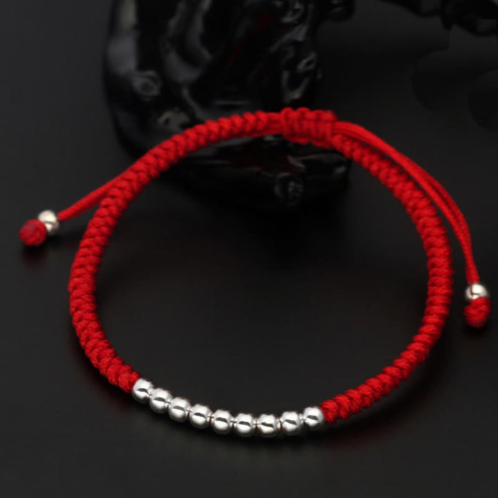 Buddha Stones Retro 925 Sterling Silber Einfache Perlen Knoten Design Glück String Armband - 925 Sterling Silber (Handgelenkumfang: 15–22 cm) - Rot - image 1
