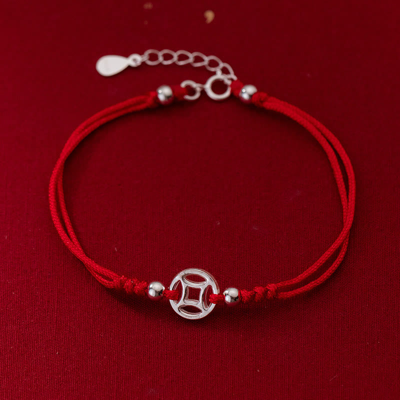 Buddha Stones 925 Sterling Silber Hohlkupfermünze Glücksschnur Armband - 925 Sterling Silber (Handgelenkumfang: 15–18 cm) - image 1