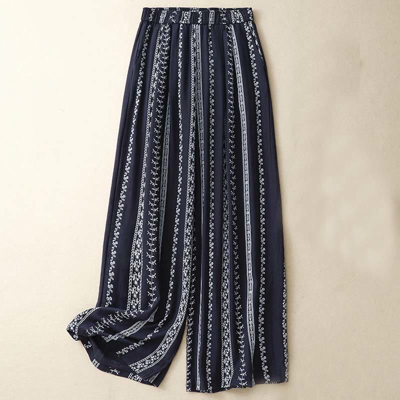 Buddha Stones Lässige Damenhose aus Baumwollleinen mit vertikalem Druck und weitem Bein und Taschen - Mitternachtsblau - US 8-10, UK/AU 12-14, EU 40-42 (2XL) - image 0