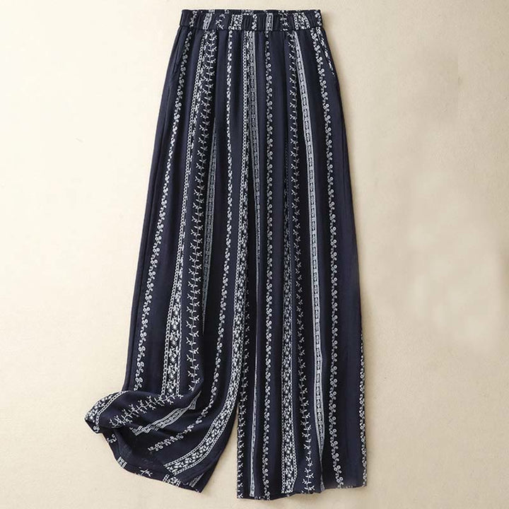 Buddha Stones Lässige Damenhose aus Baumwollleinen mit vertikalem Druck und weitem Bein und Taschen - Mitternachtsblau - US 8-10, UK/AU 12-14, EU 40-42 (2XL) - image 0