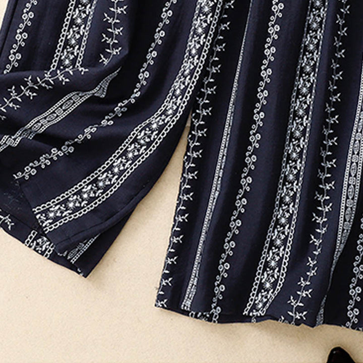 Buddha Stones Lässige Damenhose aus Baumwollleinen mit vertikalem Druck und weitem Bein und Taschen - image 3