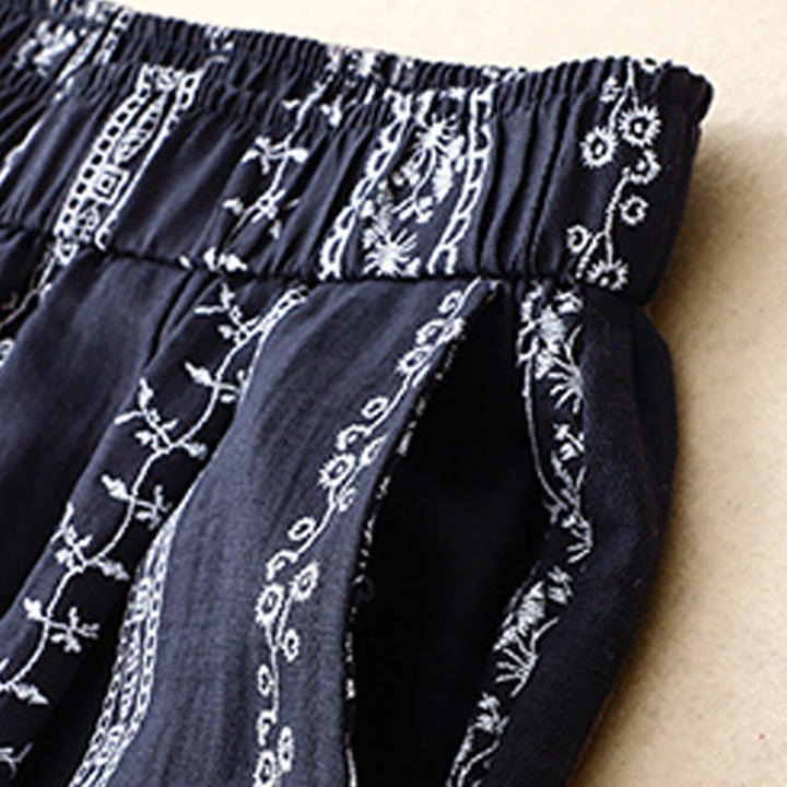 Buddha Stones Lässige Damenhose aus Baumwollleinen mit vertikalem Druck und weitem Bein und Taschen - image 1