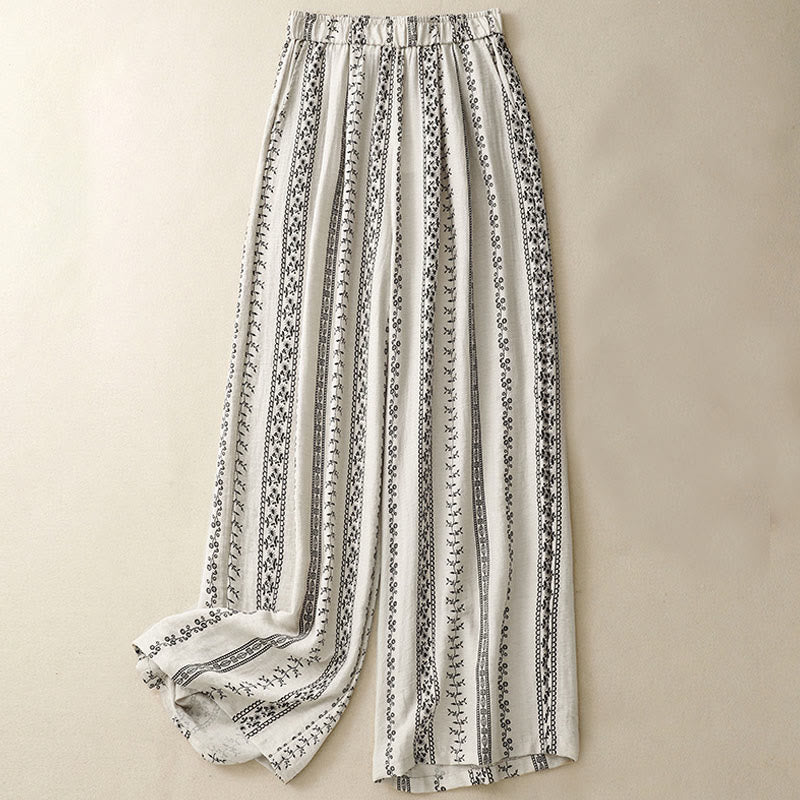 Buddha Stones Lässige Damenhose aus Baumwollleinen mit vertikalem Druck und weitem Bein und Taschen - Beige - US8-10， UK/AU12-14，EU40-42 (2XL) - image 6