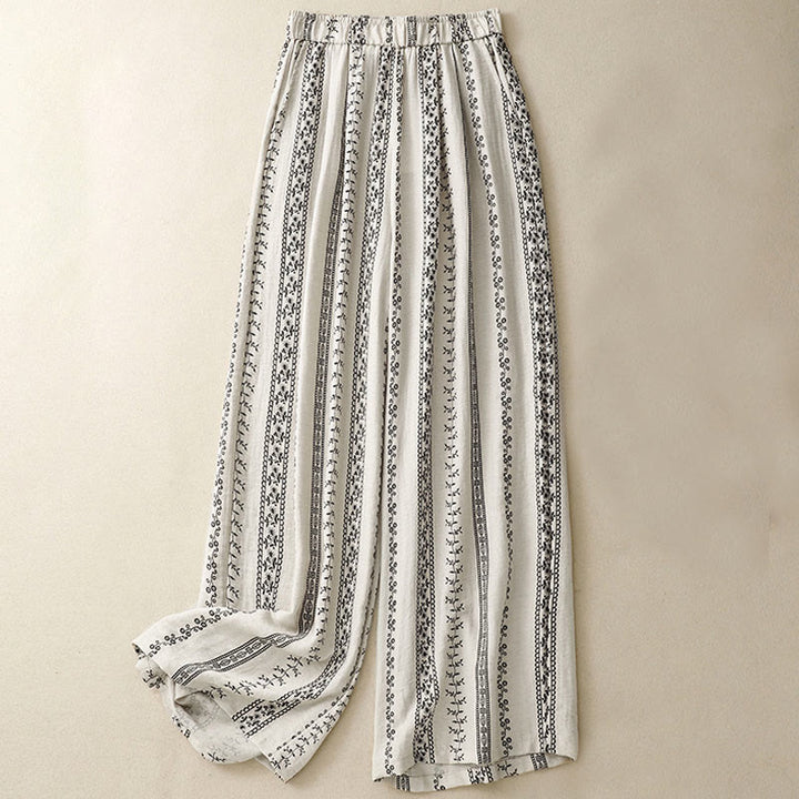 Buddha Stones Lässige Damenhose aus Baumwollleinen mit vertikalem Druck und weitem Bein und Taschen - Beige - US8-10， UK/AU12-14，EU40-42 (2XL) - image 6