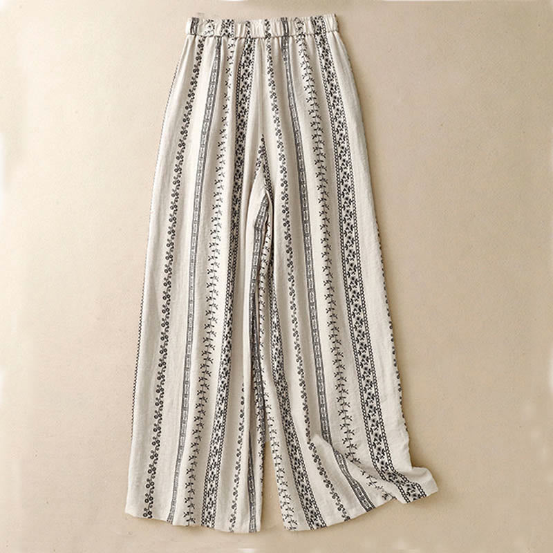 Buddha Stones Lässige Damenhose aus Baumwollleinen mit vertikalem Druck und weitem Bein und Taschen - image 6