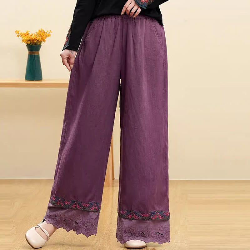 Buddha Stones Lässige Damenhose mit weitem Bein und bestickter Spitze aus Baumwollleinen mit Taschen - Lila - US14， UK/AU18，EU46 (4XL) - image 1