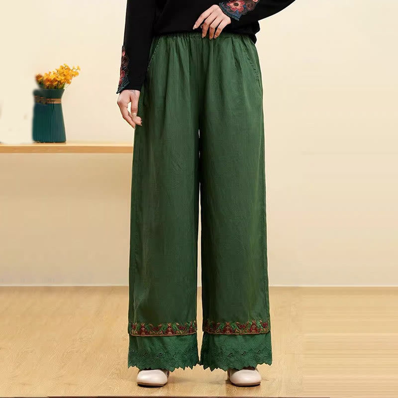 Buddha Stones Lässige Damenhose mit weitem Bein und bestickter Spitze aus Baumwollleinen mit Taschen - Grün - US14， UK/AU18，EU46 (4XL) - image 4