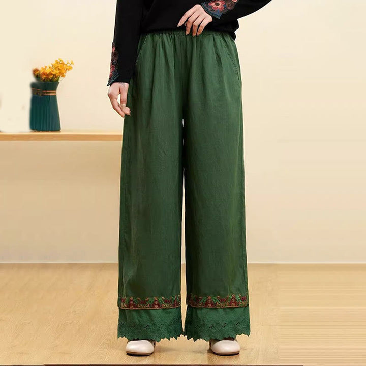 Buddha Stones Lässige Damenhose mit weitem Bein und bestickter Spitze aus Baumwollleinen mit Taschen - Grün - US14， UK/AU18，EU46 (4XL) - image 4