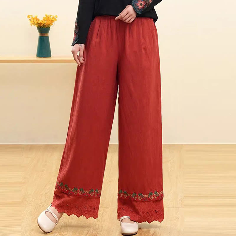 Buddha Stones Lässige Damenhose mit weitem Bein und bestickter Spitze aus Baumwollleinen mit Taschen - Schamottestein - US14， UK/AU18，EU46 (4XL) - image 2