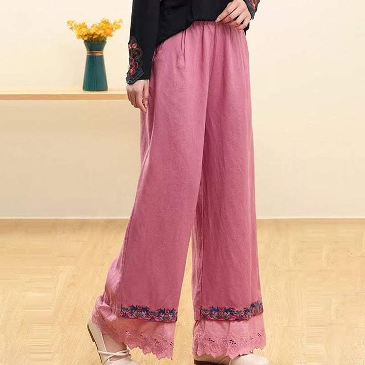 Buddha Stones Lässige Damenhose mit weitem Bein und bestickter Spitze aus Baumwollleinen mit Taschen - BlassViolettRot - US14， UK/AU18，EU46 (4XL) - image 6