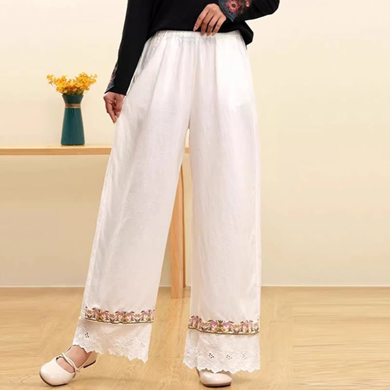 Buddha Stones Lässige Damenhose mit weitem Bein und bestickter Spitze aus Baumwollleinen mit Taschen - Weiß - US14， UK/AU18，EU46 (4XL) - image 3