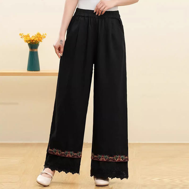 Buddha Stones Lässige Damenhose mit weitem Bein und bestickter Spitze aus Baumwollleinen mit Taschen - Schwarz - US14， UK/AU18，EU46 (4XL) - image 5