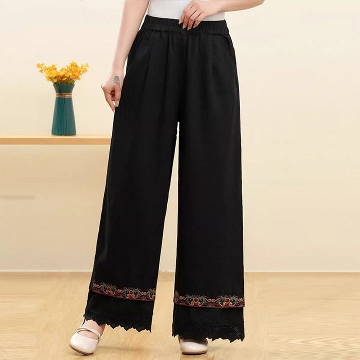Buddha Stones Lässige Damenhose mit weitem Bein und bestickter Spitze aus Baumwollleinen mit Taschen - Schwarz - US14， UK/AU18，EU46 (4XL) - image 5