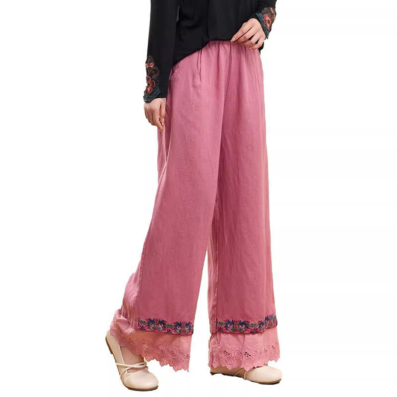Buddha Stones Lässige Damenhose mit weitem Bein und bestickter Spitze aus Baumwollleinen mit Taschen - image 7