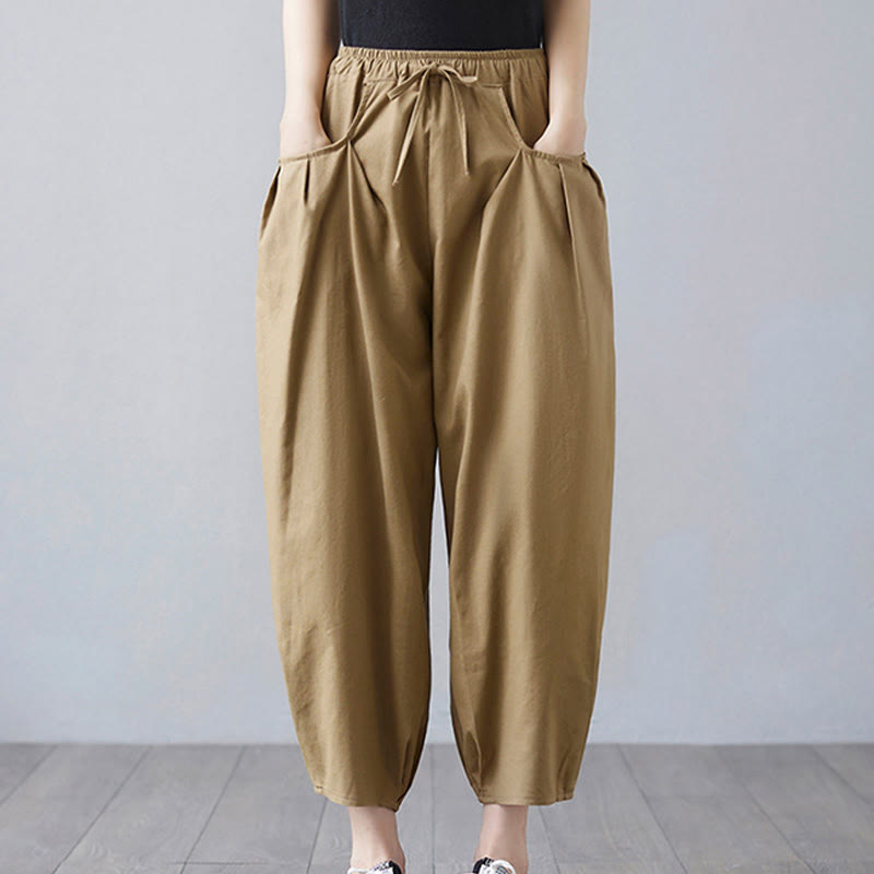 Buddha Stones Sommer-Haremshose aus schlichtem Leinen für Damen mit Taschen - DunkelKhaki - US12， UK/AU16，EU44 (3XL) - image 1
