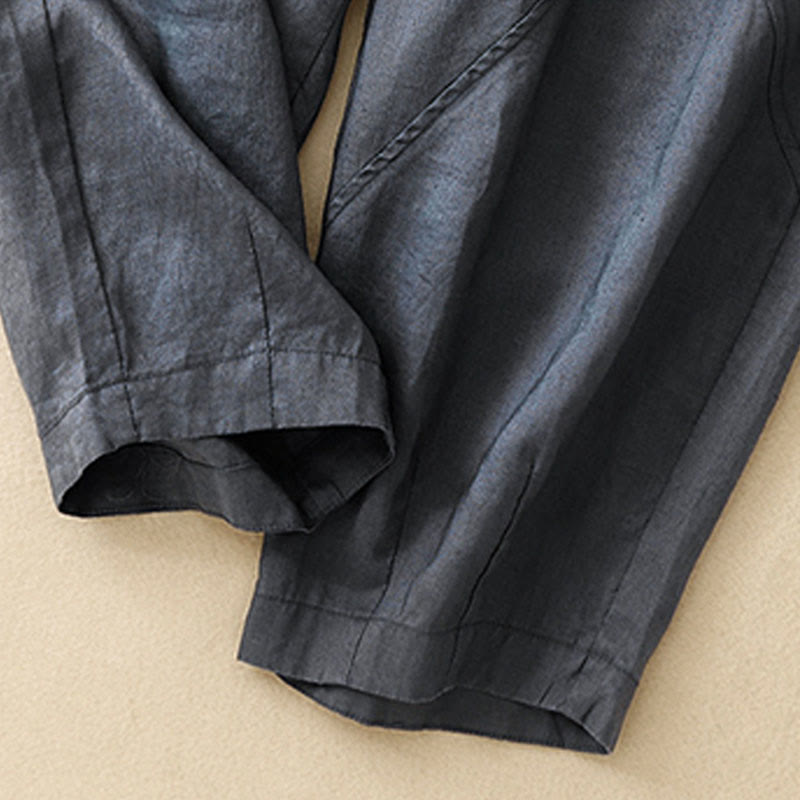 Buddha Stones Lässige, schlichte, knöchellange Leinenhose für Damen mit Taschen - image 3