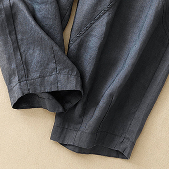 Buddha Stones Lässige, schlichte, knöchellange Leinenhose für Damen mit Taschen - image 3