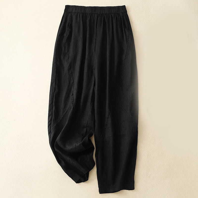 Buddha Stones Lässige, schlichte, knöchellange Leinenhose für Damen mit Taschen - Schwarz - US 8-10, UK/AU 12-14, EU 40-42 (2XL) - image 10