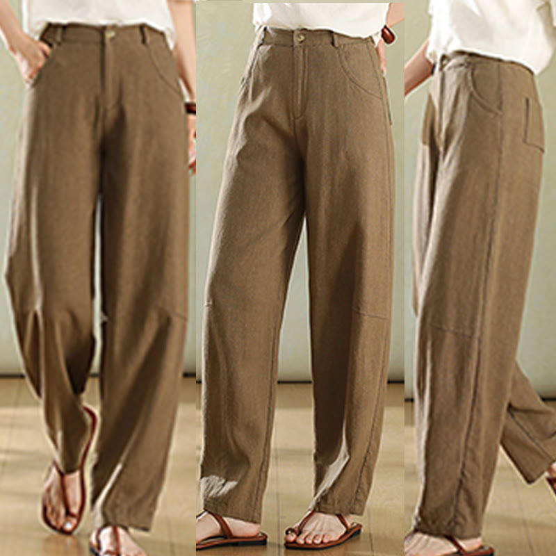 Buddha Stones Pure Color Buttons Damen Leinenhose mit Taschen - image 2