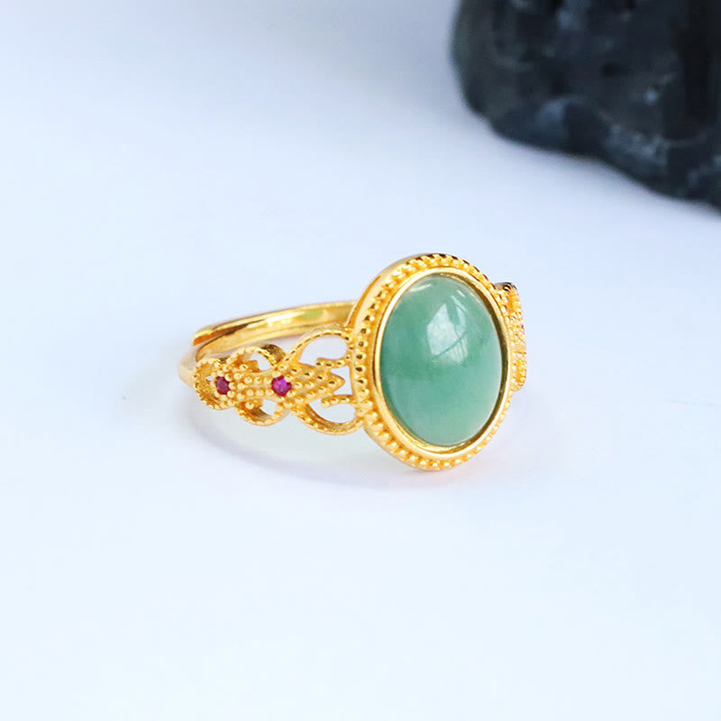 Buddha Stones Natürlicher 925 Sterling Silber Vergoldeter Jade Glücksring mit Hohldesign - image 8