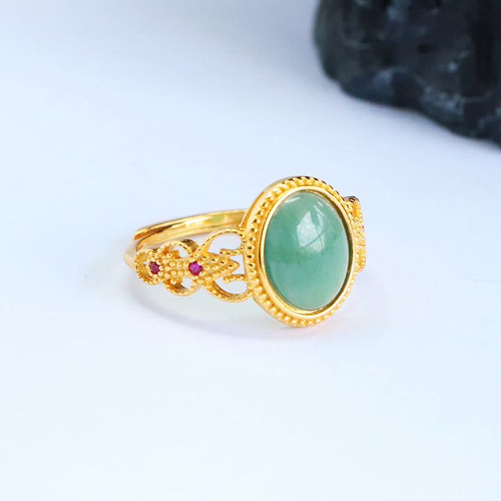 Buddha Stones Natürlicher 925 Sterling Silber Vergoldeter Jade Glücksring mit Hohldesign - image 8
