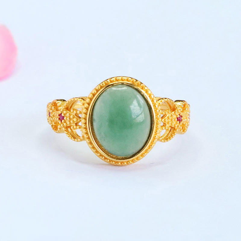 Buddha Stones Natürlicher 925 Sterling Silber Vergoldeter Jade Glücksring mit Hohldesign - Jade - image 1
