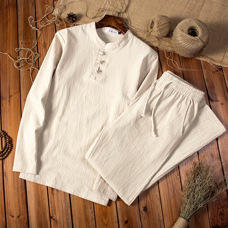 Buddha Stones Reine Farbe Baumwolle Leinen Langarm Top Hosen Kleidung Herren Set - Mokassin - US/ UK/AU46，EU56 (5XL) - image 1