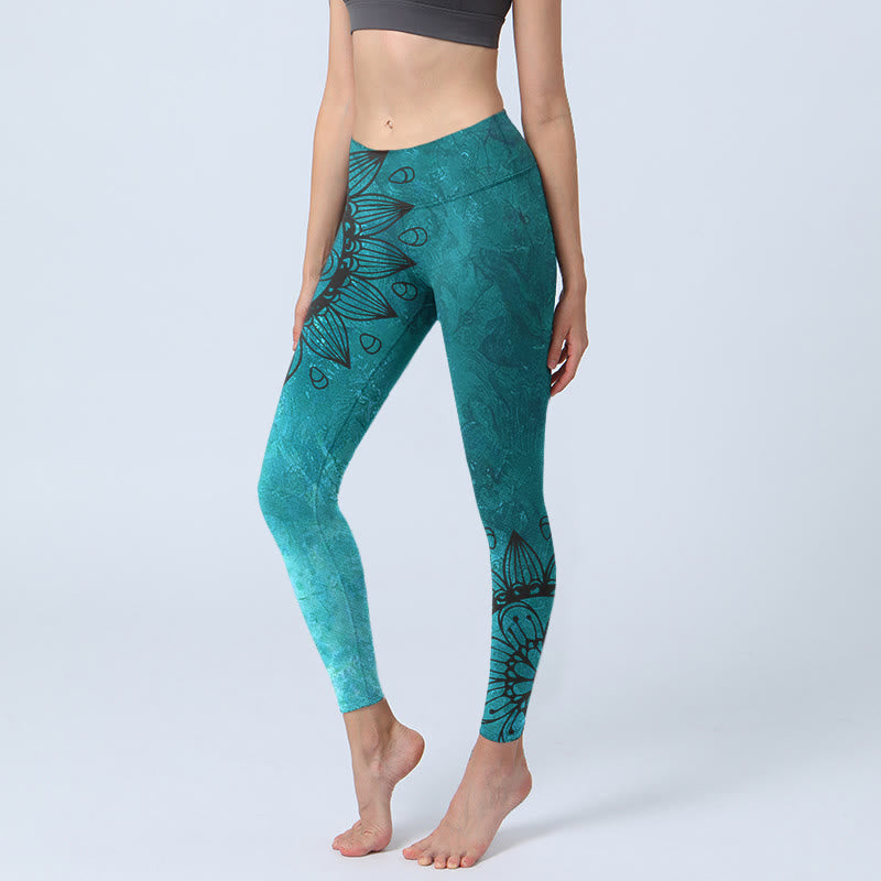 Buddha Stones Grüne Sonnenblumen Blüten Print Gym Leggings Damen Yoga Hose - CadetBlue - US18， UK/AU22，EU50 (4XL) - image 1