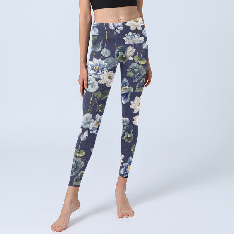 Buddha Stones Blau Weiß Lotus Blumen Ölgemälde Druck Gym Leggings frauen Yoga Hosen - image 5