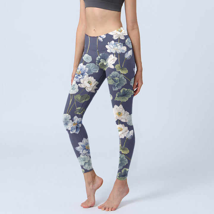 Buddha Stones Blau Weiß Lotus Blumen Ölgemälde Druck Gym Leggings frauen Yoga Hosen - Stahlblau - US18， UK/AU22，EU50 (4XL) - image 1
