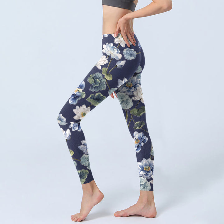 Buddha Stones Blau Weiß Lotus Blumen Ölgemälde Druck Gym Leggings frauen Yoga Hosen - image 2