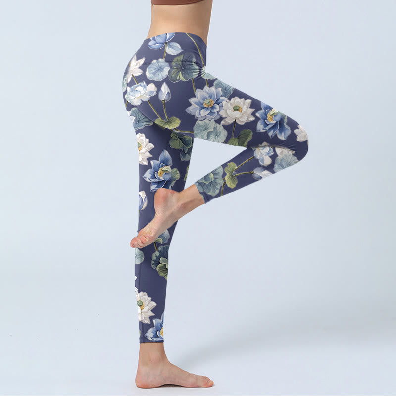 Buddha Stones Blau Weiß Lotus Blumen Ölgemälde Druck Gym Leggings frauen Yoga Hosen - image 3