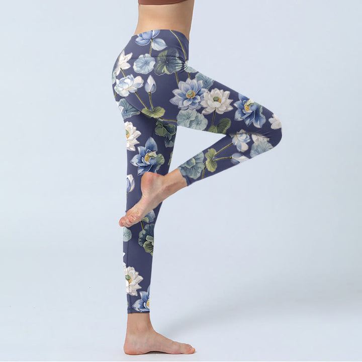 Buddha Stones Blau Weiß Lotus Blumen Ölgemälde Druck Gym Leggings frauen Yoga Hosen - image 3