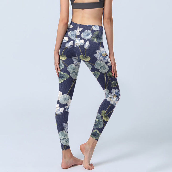 Buddha Stones Blau Weiß Lotus Blumen Ölgemälde Druck Gym Leggings frauen Yoga Hosen - image 4