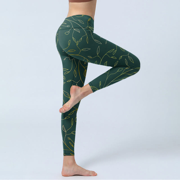 Buddha Stones Grün Goldene Blätter Zweige Print Gym Leggings Damen Yogahose - image 3