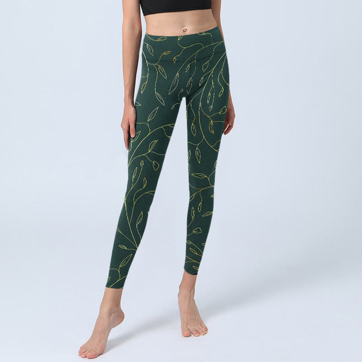 Buddha Stones Grün Goldene Blätter Zweige Print Gym Leggings Damen Yogahose - image 6