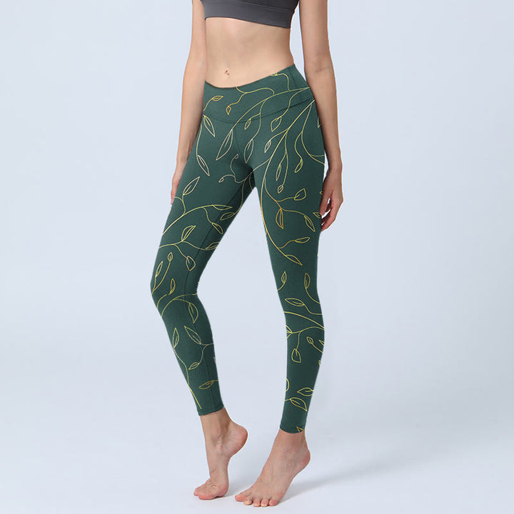Buddha Stones Grün Goldene Blätter Zweige Print Gym Leggings Damen Yogahose - SeaGreen - US18, UK/AU22, EU50 (4XL) - image 0