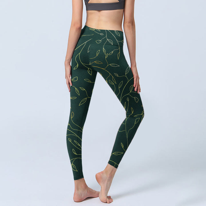 Buddha Stones Grün Goldene Blätter Zweige Print Gym Leggings Damen Yogahose - image 5