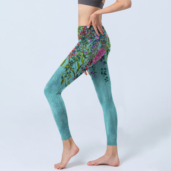 Buddha Stones Leuchtende Blumen Grüne Weidenblätter Print Gym Leggings Damen Yogahose - image 2