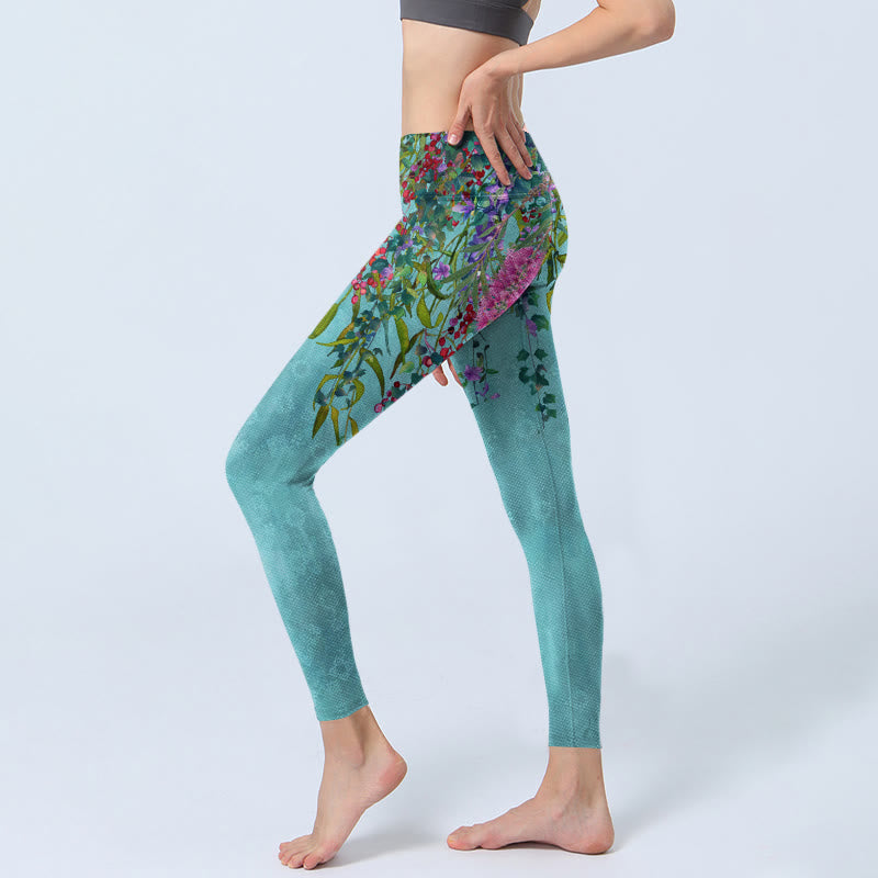Buddha Stones Leuchtende Blumen Grüne Weidenblätter Print Gym Leggings Damen Yogahose - image 3