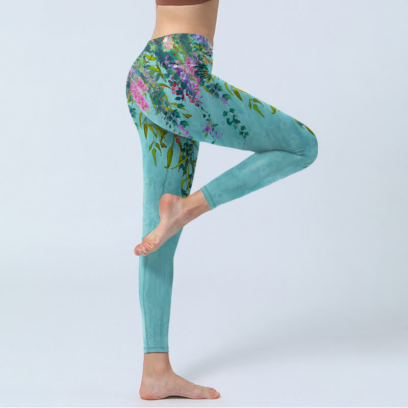 Buddha Stones Leuchtende Blumen Grüne Weidenblätter Print Gym Leggings Damen Yogahose - image 3