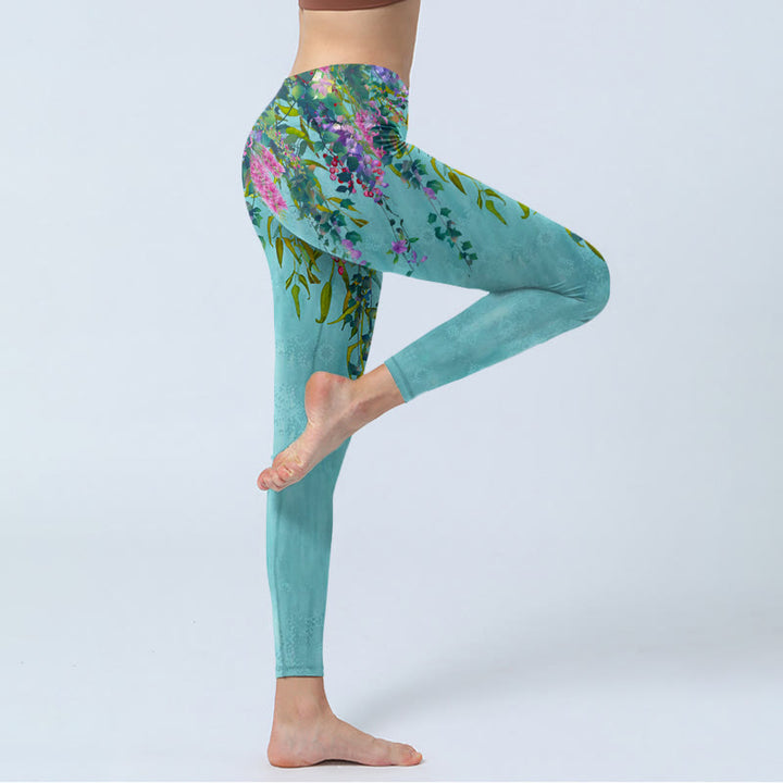 Buddha Stones Leuchtende Blumen Grüne Weidenblätter Print Gym Leggings Damen Yogahose - image 3