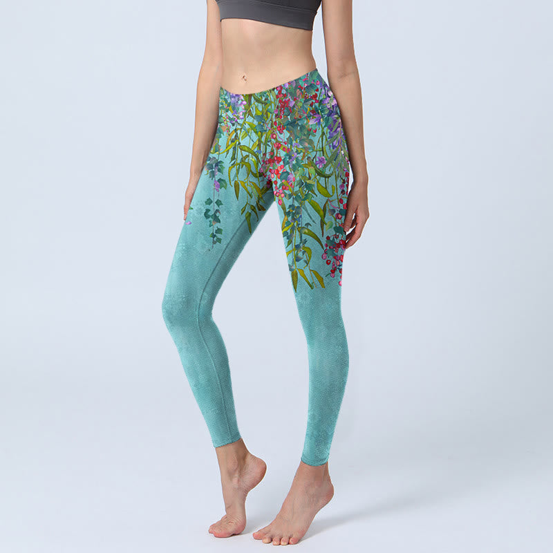 Buddha Stones Leuchtende Blumen Grüne Weidenblätter Print Gym Leggings Damen Yogahose - Mitteltürkis - US18, UK/AU22, EU50 (4XL) - image 0