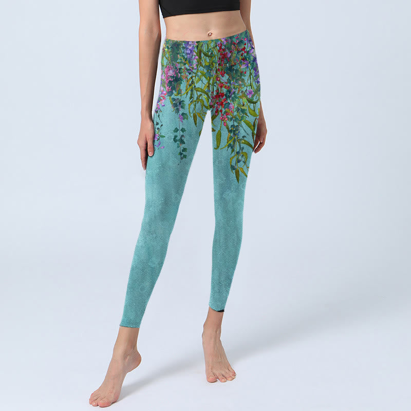Buddha Stones Leuchtende Blumen Grüne Weidenblätter Print Gym Leggings Damen Yogahose - image 6